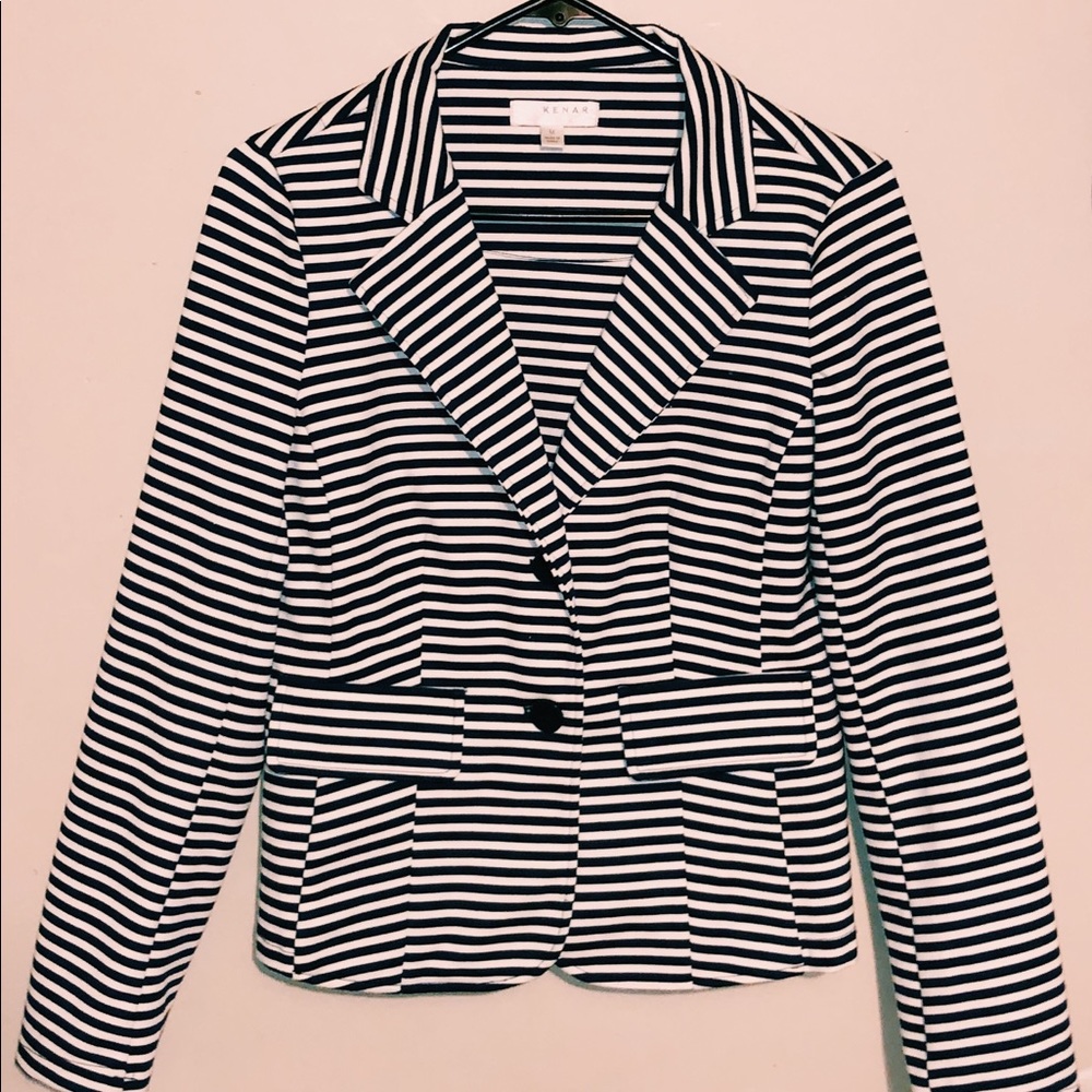 Navy Blue and White Stripe Kenar  Blazer